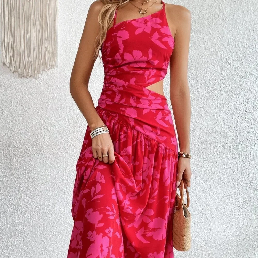 Pink Boho Womens Floral Print One Shoulder Cut Out Waist Ruffle Hem Dress - Picture 3 of 5
